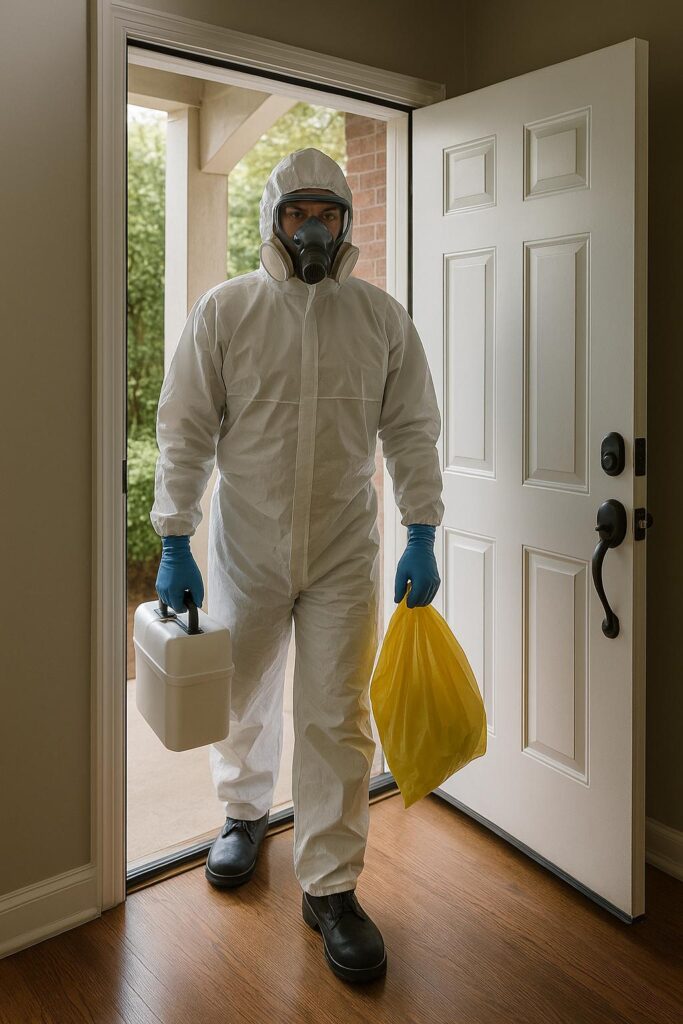 Midwest Trauma Cleanup technician entering Batavia residence for crime scene decontamination with biohazard kit and PPE gear.