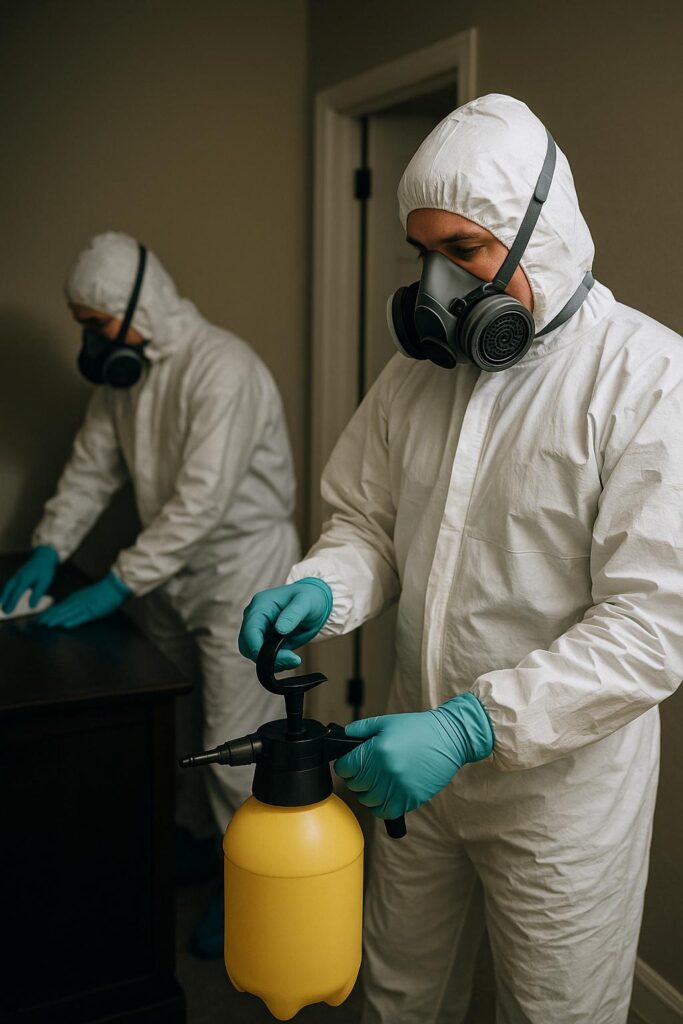 Midwest Trauma Cleanup's branded emergency response van parked outside a Batavia home for biohazard remediation service.