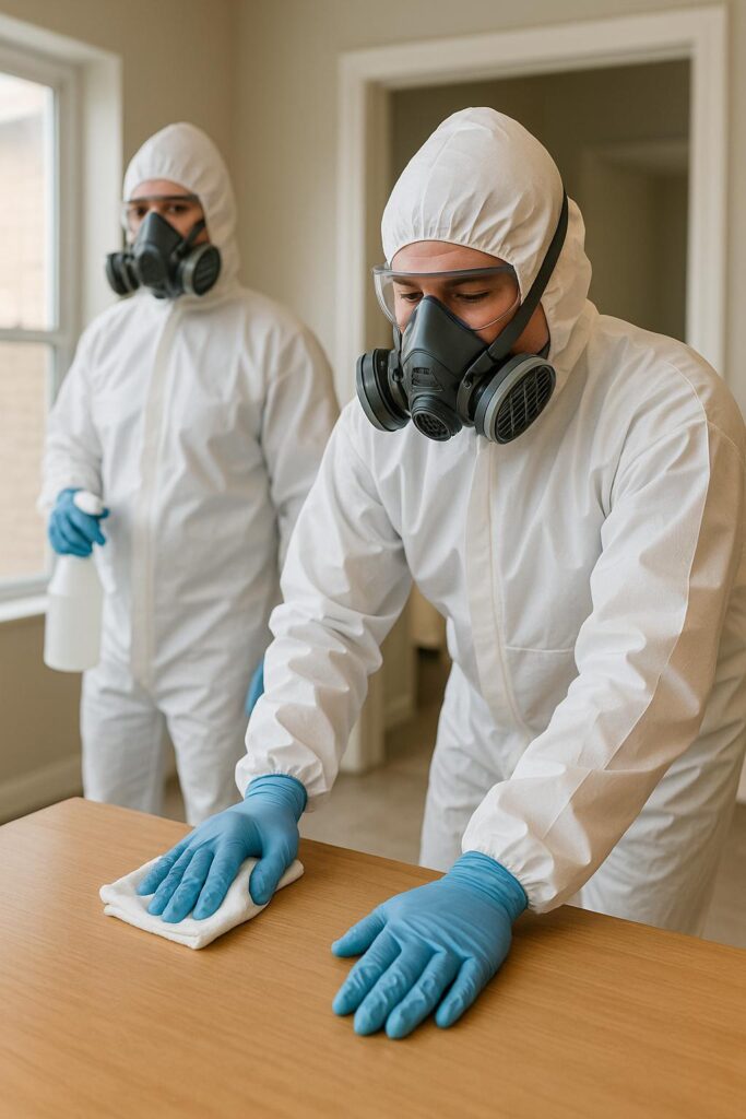 IICRC-certified Batavia crime scene cleaners in white hazmat suits decontaminating a traumatic incident with biohazard equipment.