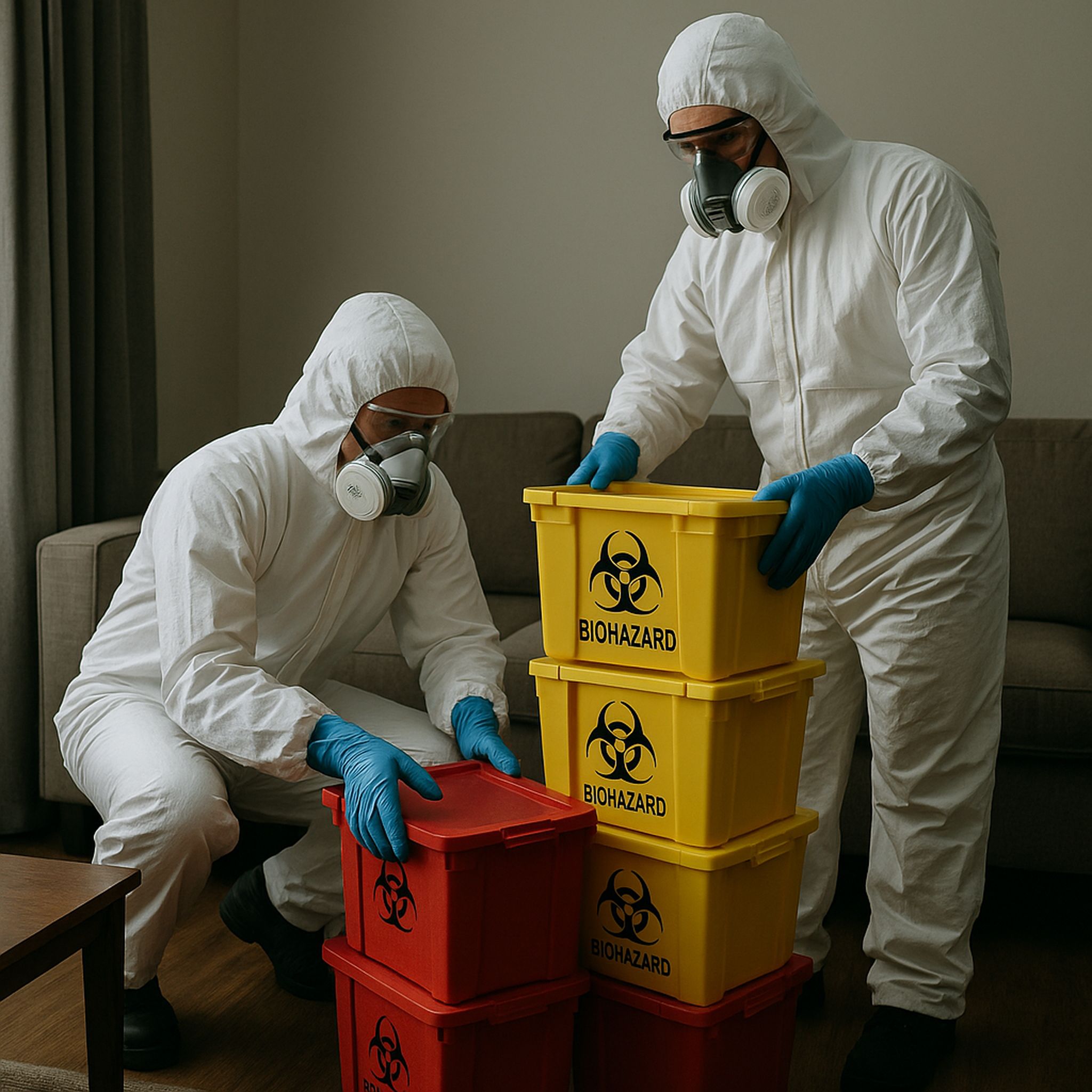 IICRC-certified trauma cleanup technicians completing a suicide cleanup service at a customers home.