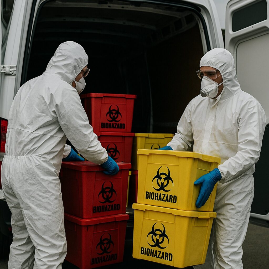 When a biohazard cleanup is completed we remove the biohazard waste boxes and transport everything away from your property to be disposed of following all regulations.