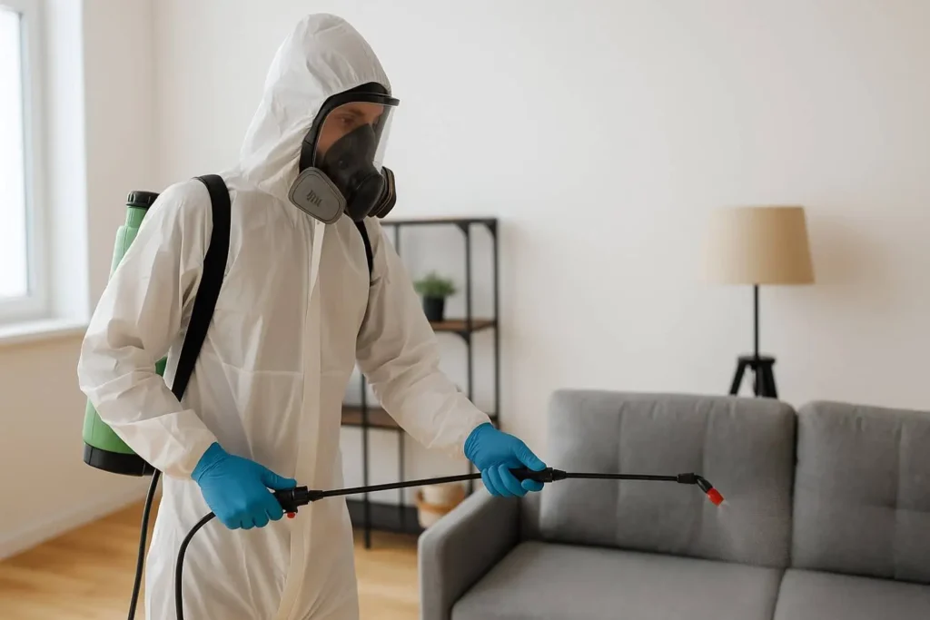 Biohazard cleanup technician disinfecting a living room with a sprayer in Adrian, MI.