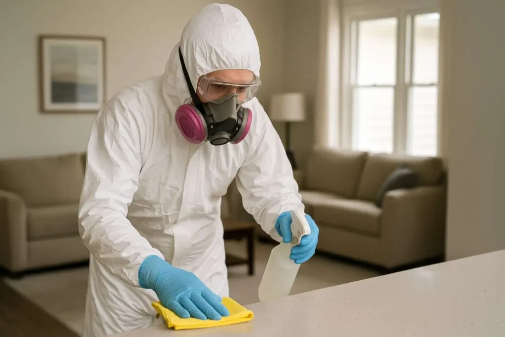 Biohazard cleaner disinfecting a residential countertop in Lebanon, Tennessee.