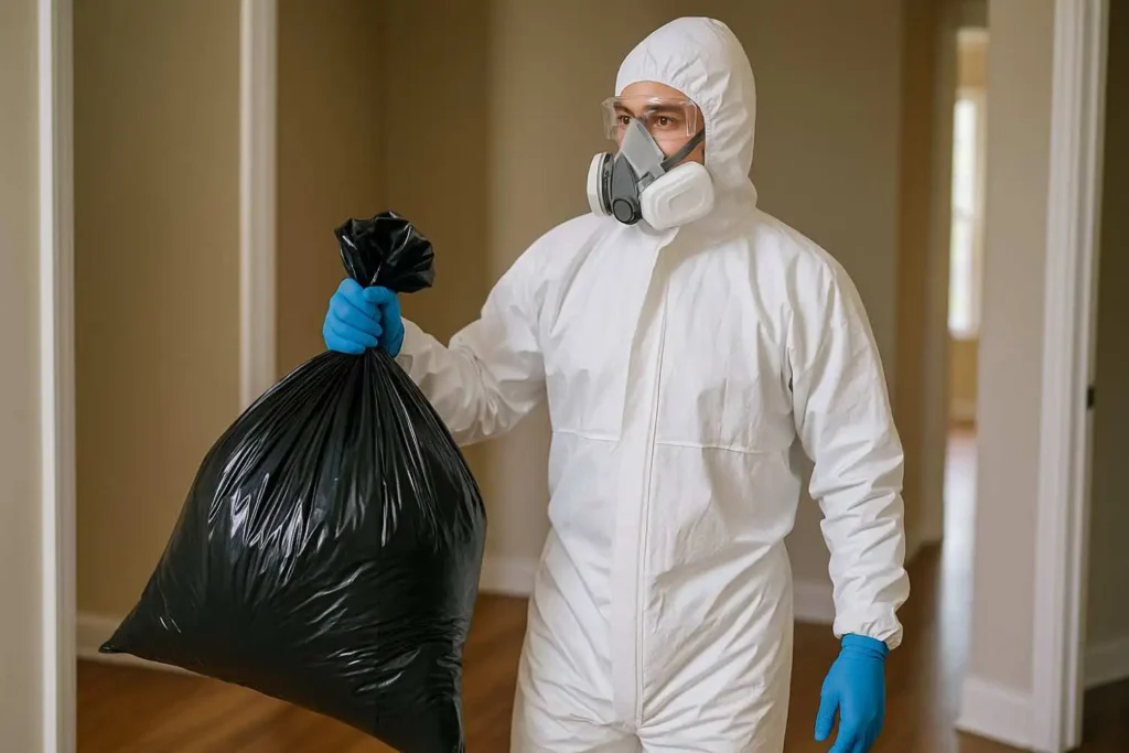Biohazard cleanup technician safely removing contaminated waste from a residential property in Shelbyville, TN.