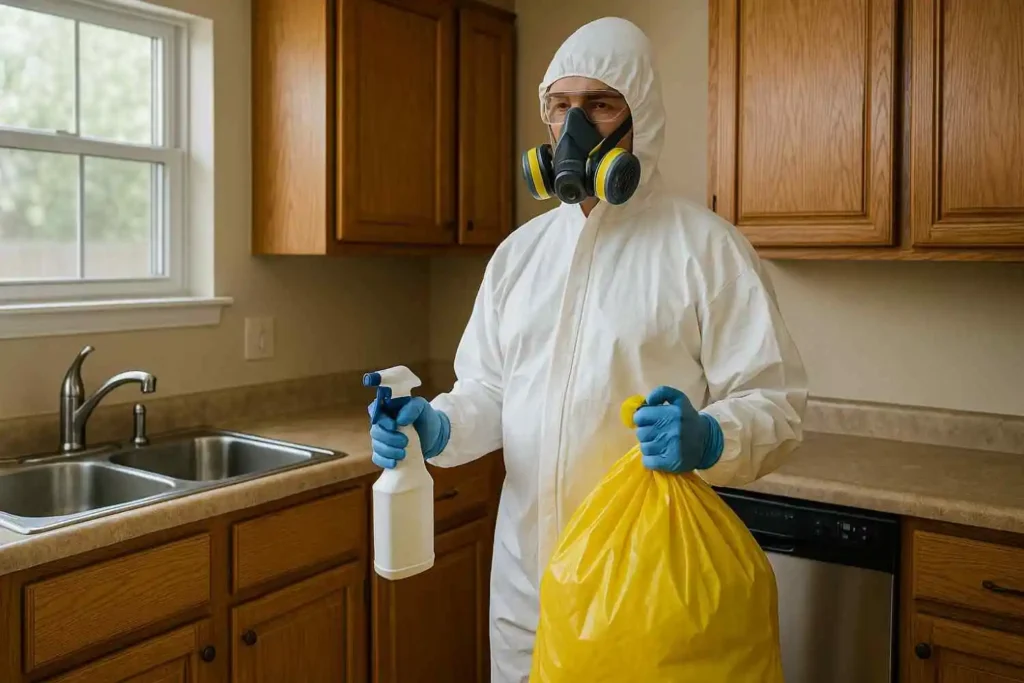 Biohazard cleaner disinfecting a residential kitchen in Germantown, Tennessee.