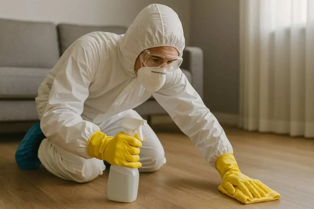 Biohazard cleanup technician in full protective gear disinfecting a hardwood floor in a Norton Shores, MI home.