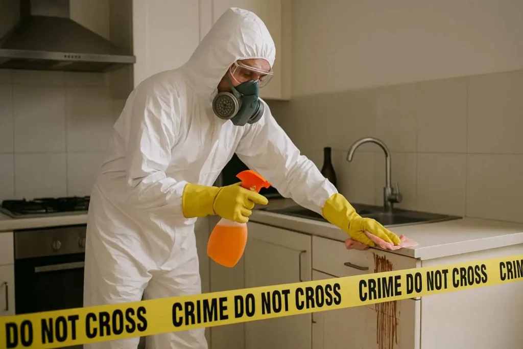 Biohazard cleanup technician disinfecting a kitchen countertop behind crime scene tape in Oak Park, MI.