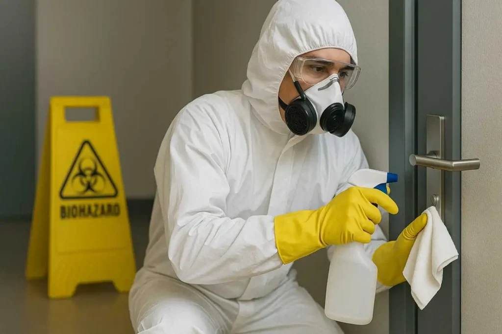 Biohazard cleanup technician in protective suit disinfecting a door handle with spray and cloth in Westland, MI.