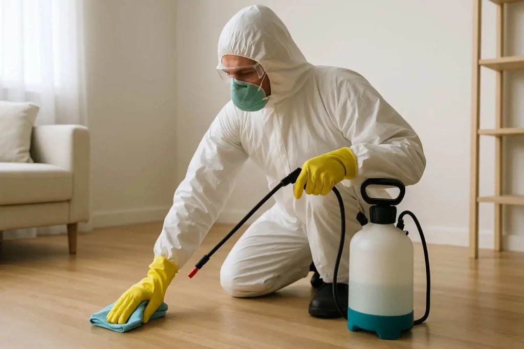 Biohazard cleanup technician disinfecting a hardwood floor with professional equipment in Dearborn Heights, MI.
