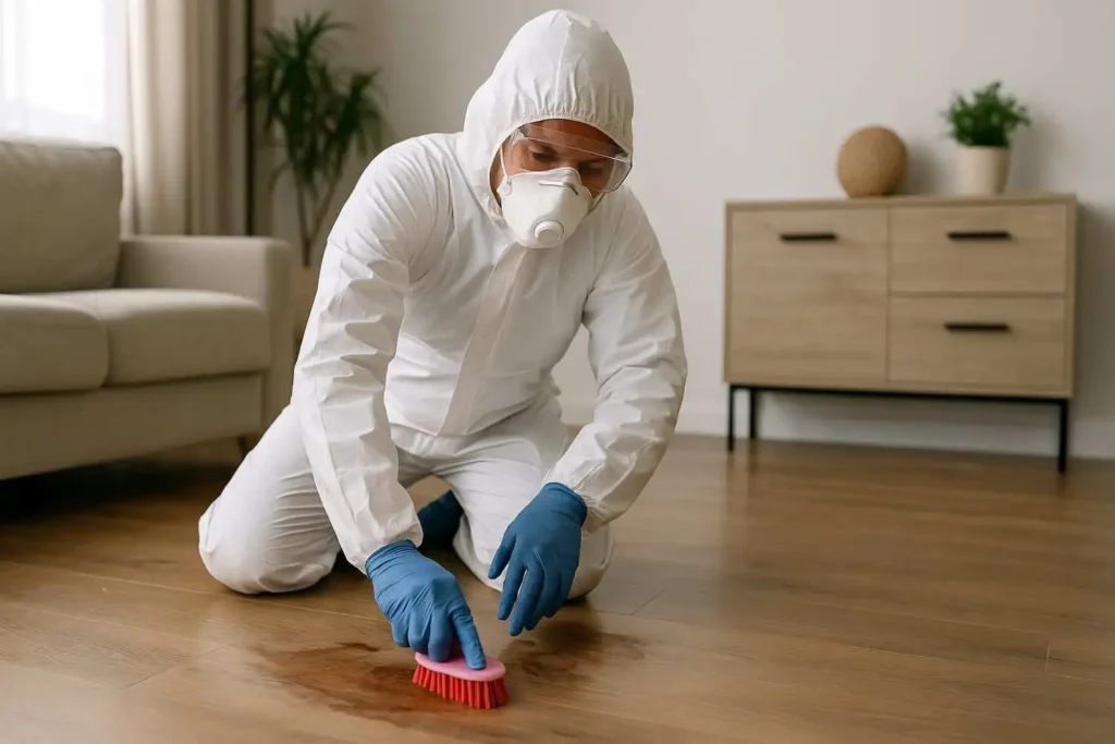 Biohazard cleanup technician in a white protective suit scrubbing a stain on a wooden floor inside a home in Pontiac, MI.