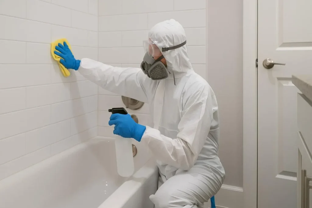 Biohazard technician disinfecting a bathroom wall in East Ridge, Tennessee.