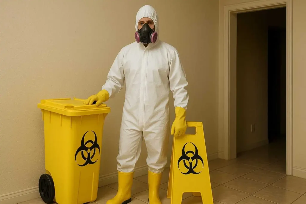 Biohazard cleanup technician in full protective gear standing with a yellow hazardous waste bin in a Rochester Hills, MI home.