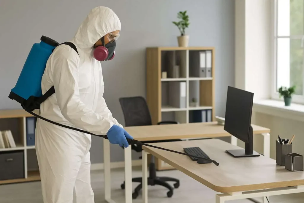 Biohazard cleaner disinfecting an office desk in Lenoir City, Tennessee.