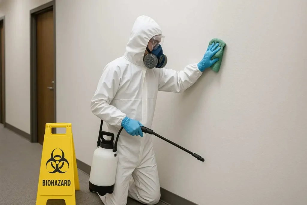 Biohazard cleanup technician disinfecting a commercial hallway in Brentwood, Tennessee.