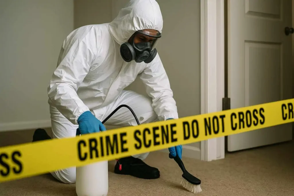 Crime scene cleanup technician scrubbing carpet behind caution tape in Burton, MI.