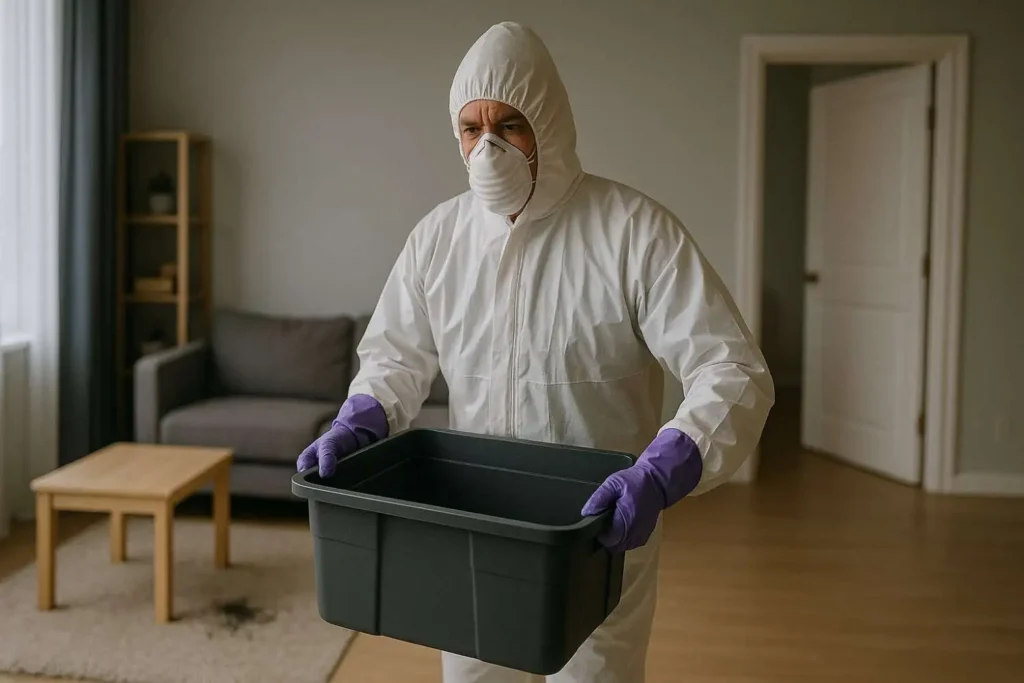 Crime scene cleanup technician carrying a containment bin inside a home in Livonia, MI.