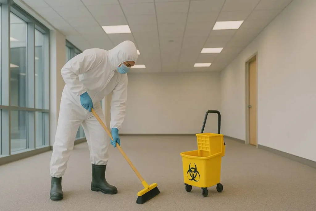 Biohazard cleanup technician in protective gear sweeping the floor next to a yellow biohazard mop bucket in an empty building in East Lansing, MI.