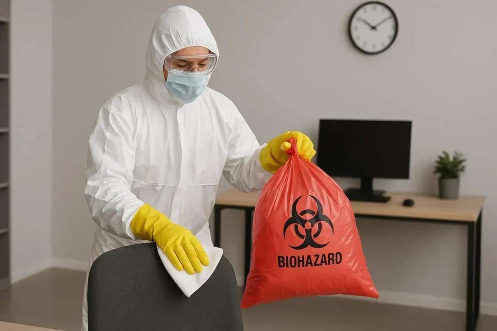 Biohazard cleanup technician in Kalamazoo, MI disinfecting an office chair while holding a red biohazard waste bag.