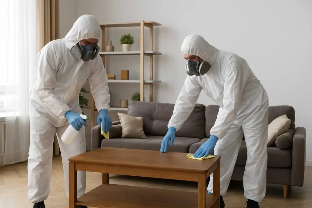 Biohazard cleaners disinfecting an office break room in Memphis, Tennessee.