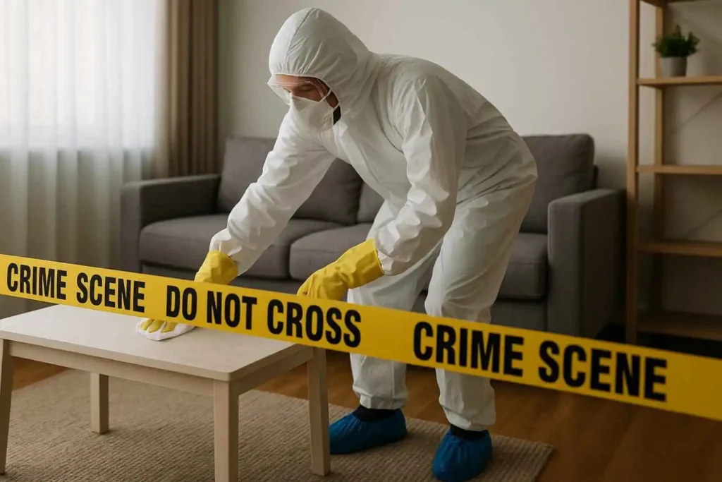 Crime scene cleanup technician sanitizing a table behind caution tape in a Norton Shores, MI home.