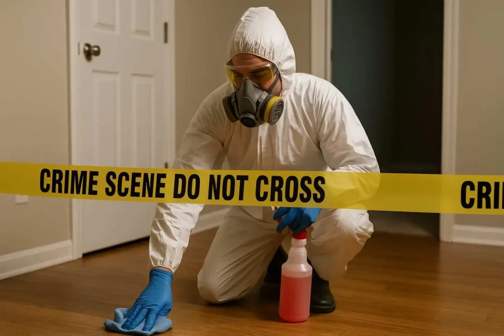 Crime scene cleanup technician disinfecting a hardwood floor behind caution tape in Dearborn, MI.