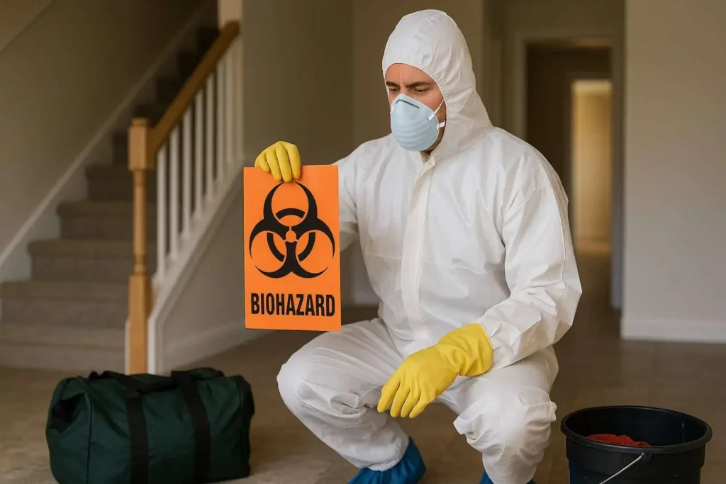 Biohazard cleanup technician in full protective gear holding a biohazard warning sign inside a home in Ann Arbor, MI.