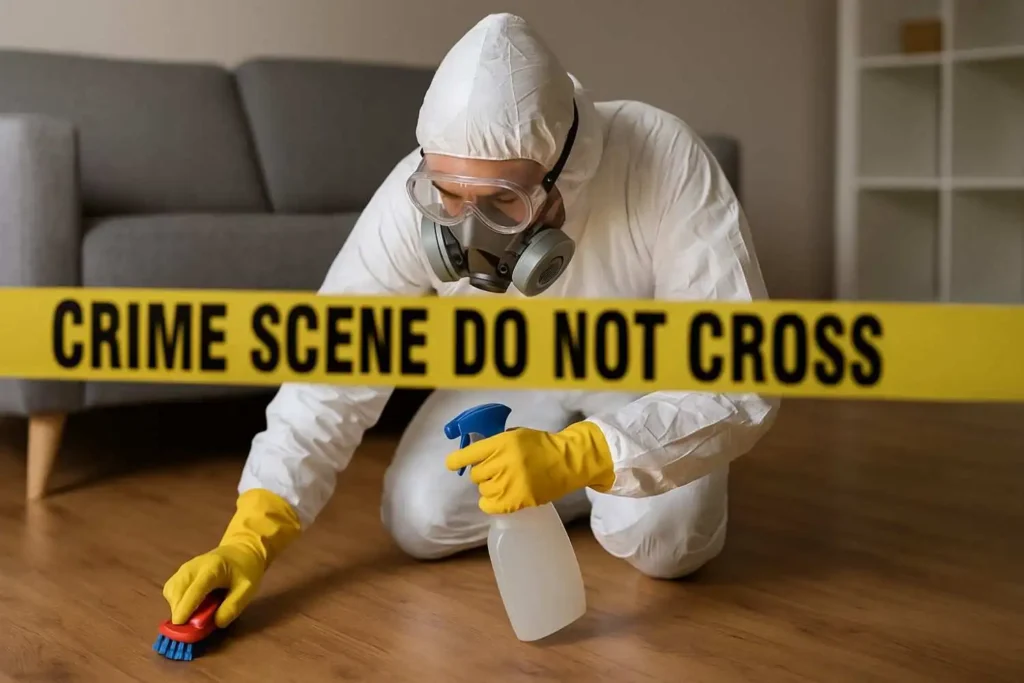 Crime scene cleanup technician scrubbing a hardwood floor behind caution tape in Bay City, MI.