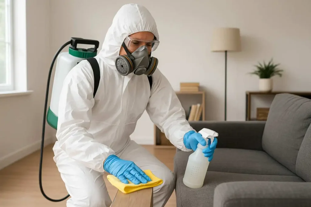 Biohazard cleaner disinfecting a residential living room in Johnson City, Tennessee.