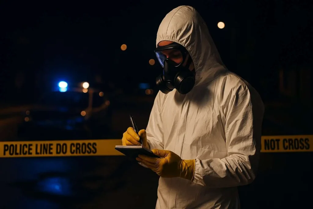 Crime scene cleanup technician in Kentwood, MI wearing protective gear and documenting details at a nighttime police-secured scene.