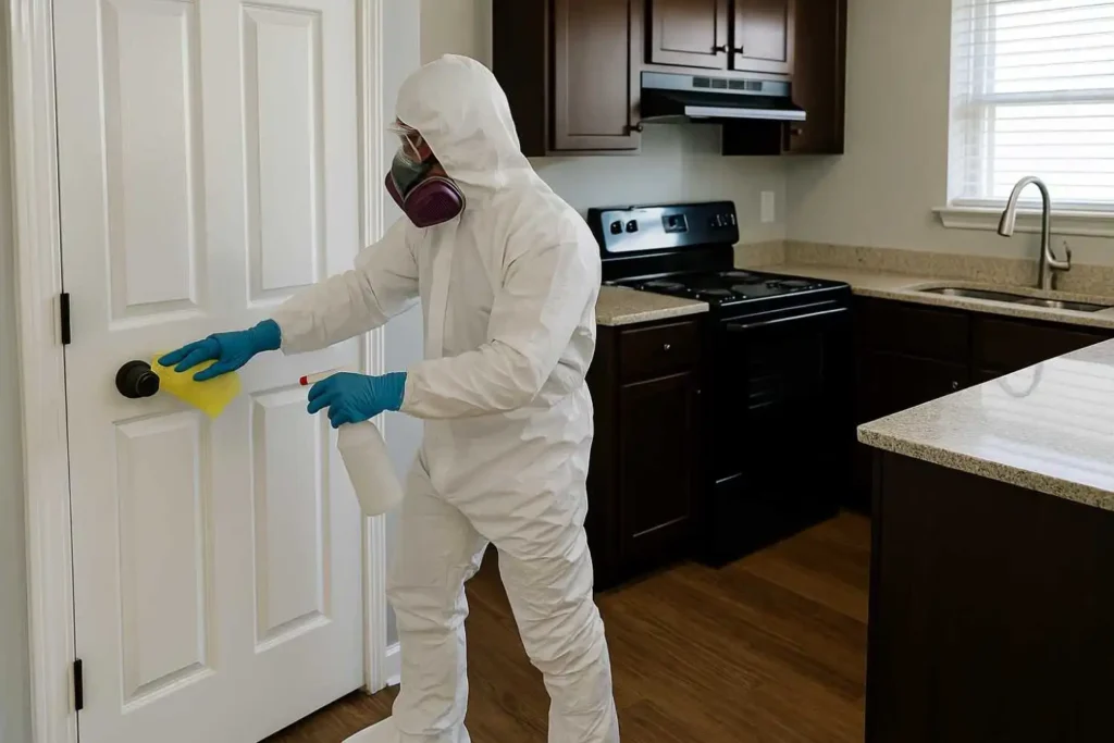 Biohazard cleaner disinfecting a commercial building lobby in La Vergne, Tennessee.