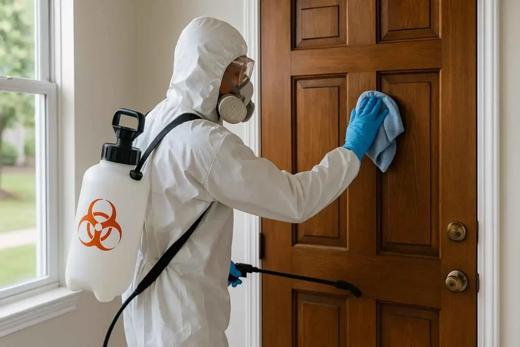 A professional wearing protective gear disinfects a wooden door using a biohazard sprayer and cleaning cloth.