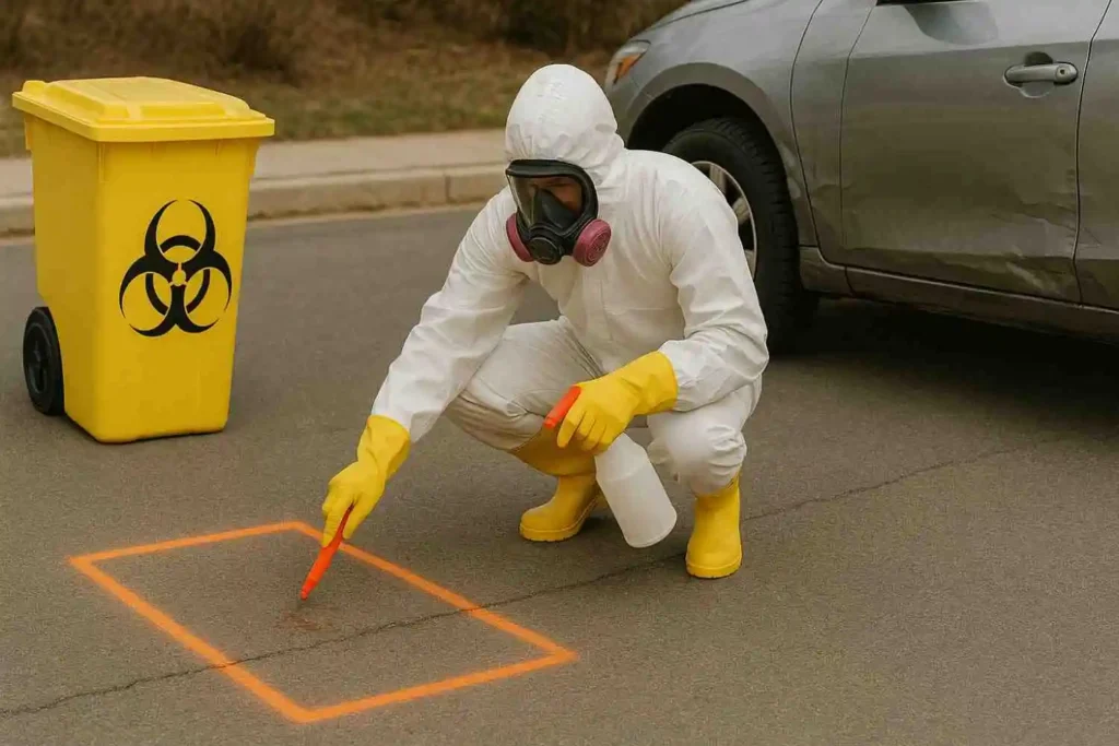 Crime scene cleanup technician marking a hazardous area on the pavement in Rochester Hills, MI.