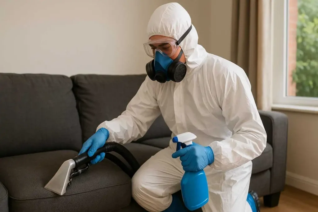 Crime scene cleanup technician sanitizing a sofa with disinfectant spray and cleaning equipment in Tullahoma, TN.