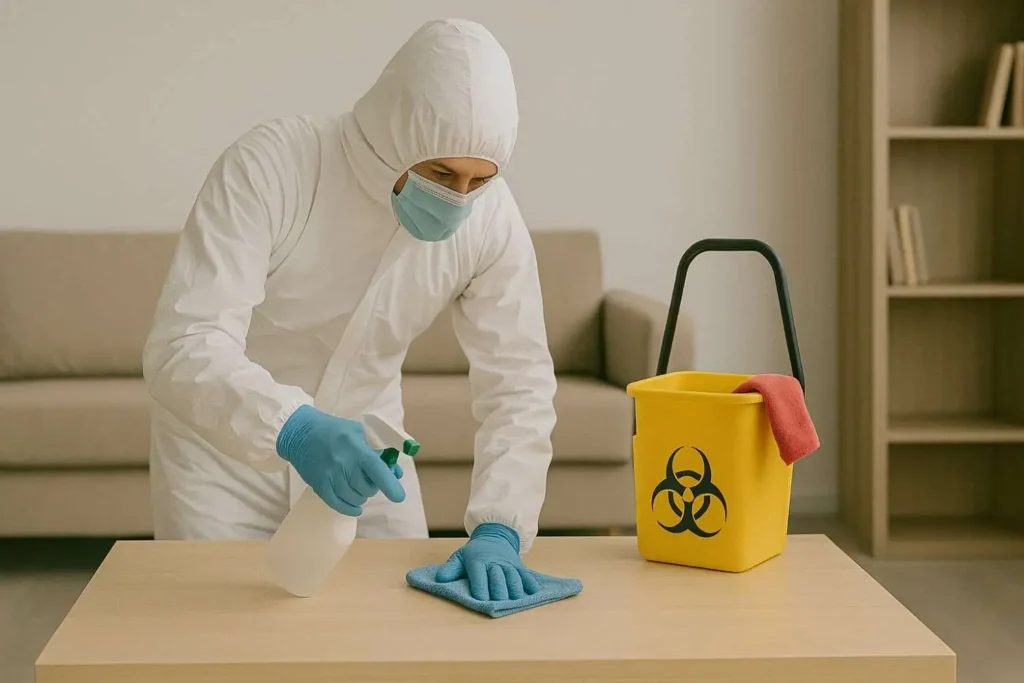 Biohazard cleanup technician in full protective gear disinfecting a wooden table with a spray bottle and cloth next to a yellow biohazard bucket in Eastpointe, MI.