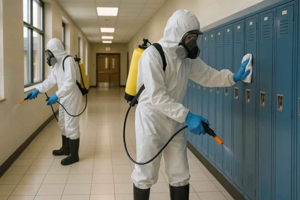 Biohazard technicians disinfecting a school hallway in Gallatin, Tennessee.