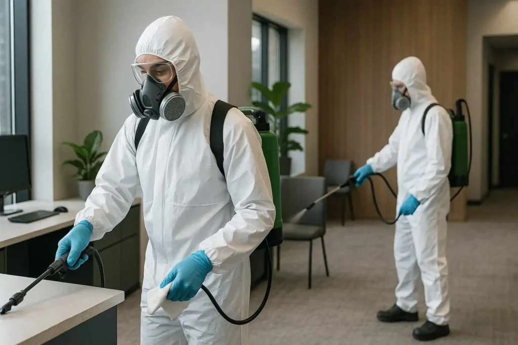 Biohazard cleaners disinfecting an office in Farragut, Tennessee with professional-grade equipment.