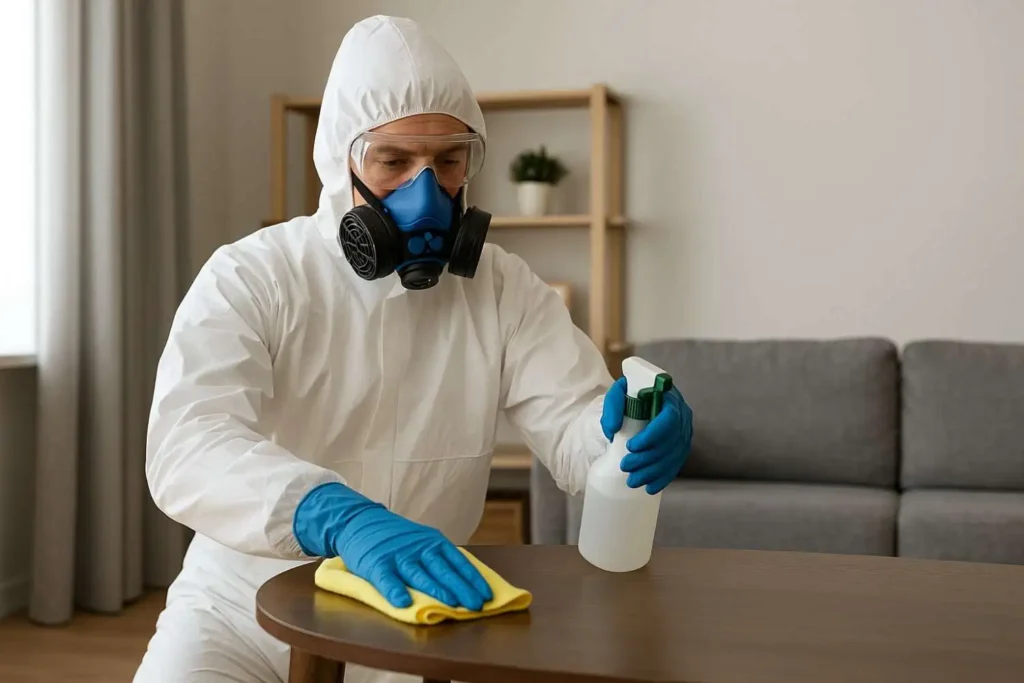 Biohazard cleaner disinfecting desks in a Maryville, Tennessee classroom.