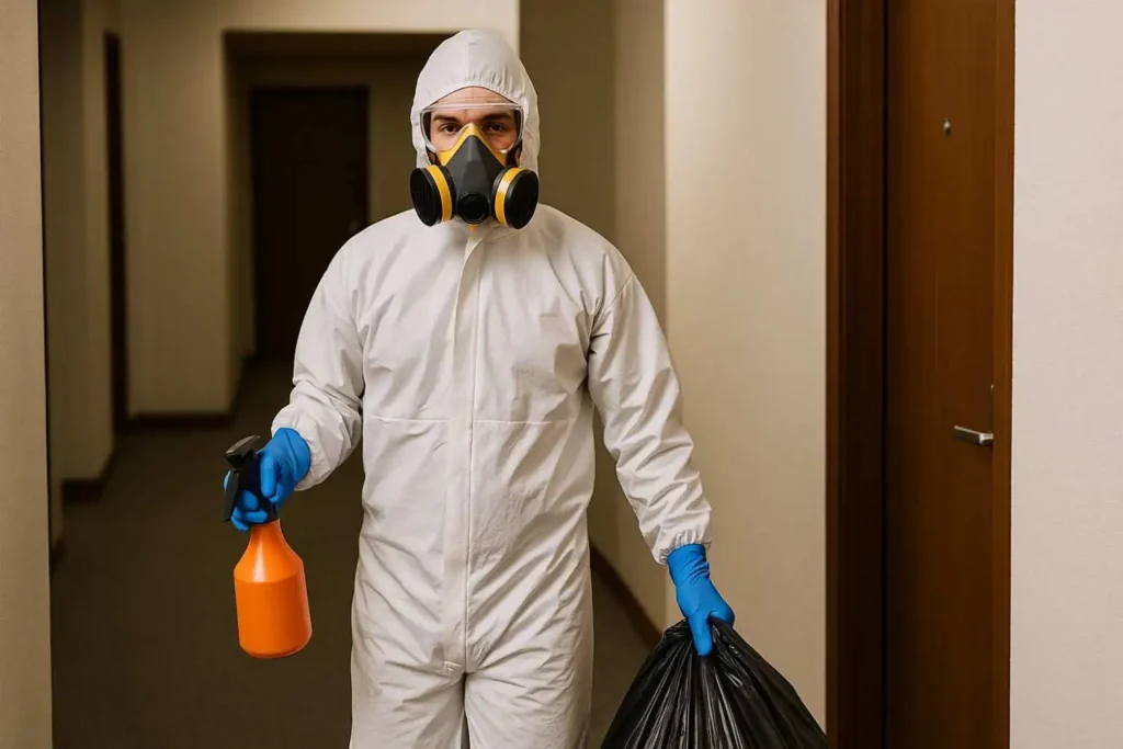 Trauma cleanup technician in full protective gear carrying biohazard waste and disinfectant in Adrian, MI.