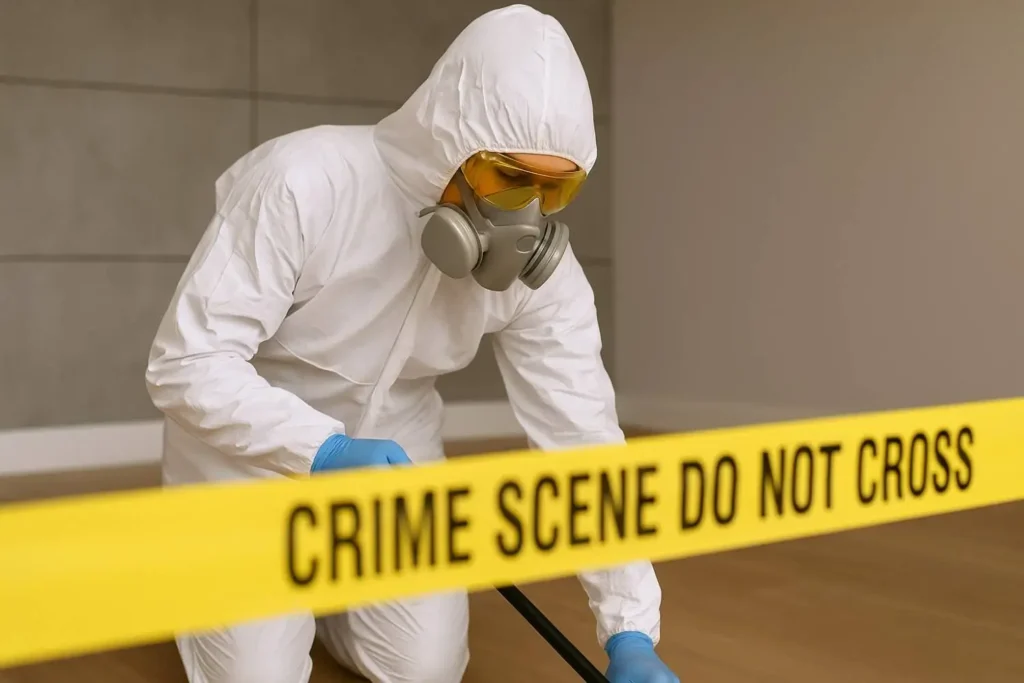 Trauma cleanup professional wearing full protective gear cleaning a crime scene area in Allen Park, MI.