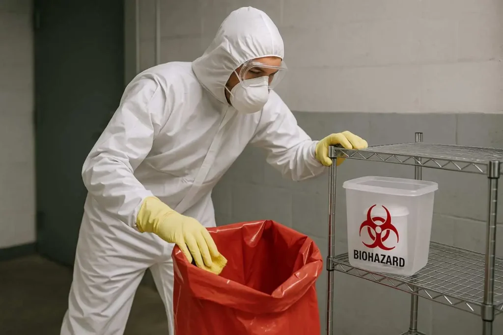 Biohazard cleanup technician disposing of contaminated materials into a red hazardous waste bin in Holland, MI.