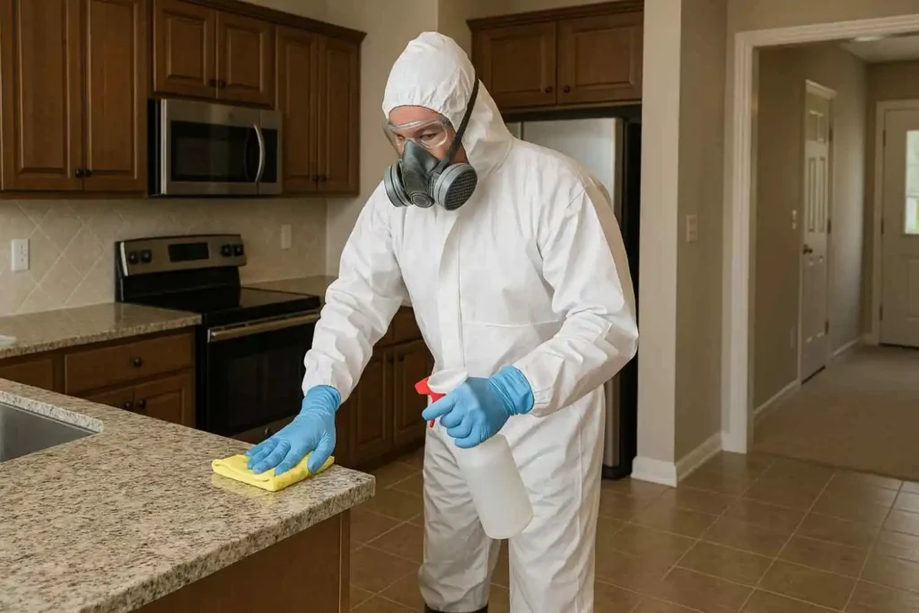 Biohazard cleaner disinfecting a kitchen floor in Maryville, Tennessee.