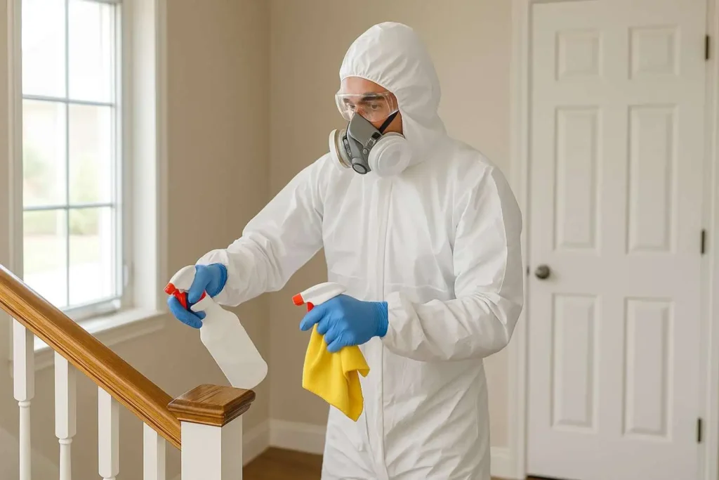 Biohazard technician disinfecting a residential living room in Memphis, Tennessee.