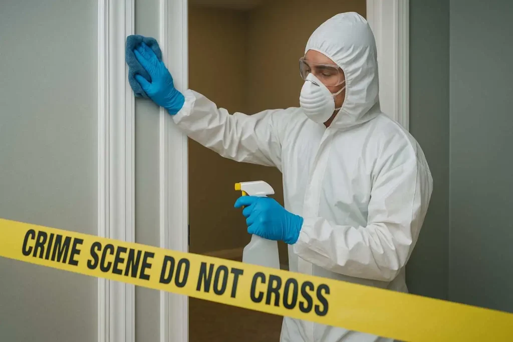 Crime scene cleanup technician sanitizing a door frame behind caution tape in a Novi, MI home.