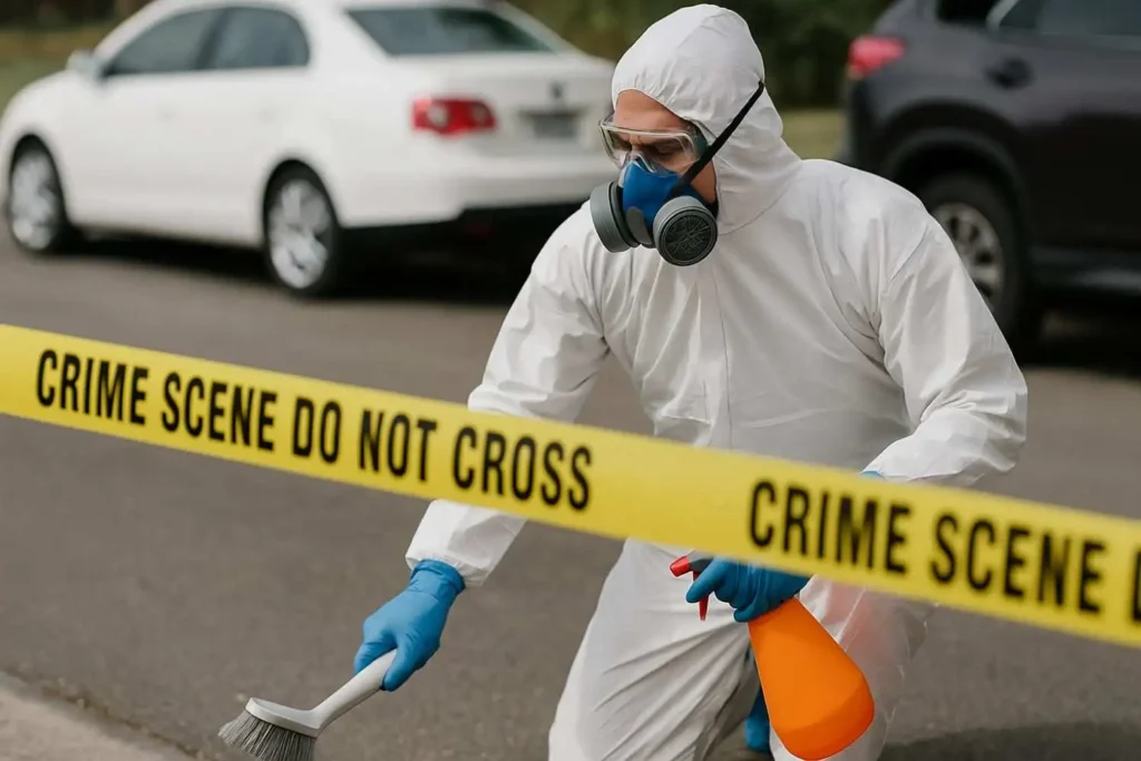 Crime scene cleanup technician wearing protective gear sanitizing an outdoor area behind police tape in Oak Ridge, TN.