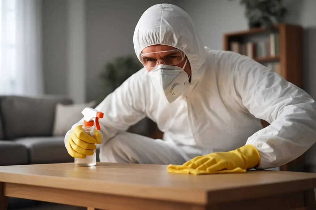 Professional trauma cleanup technician disinfecting a wooden table in a residential home in Port Huron, MI.