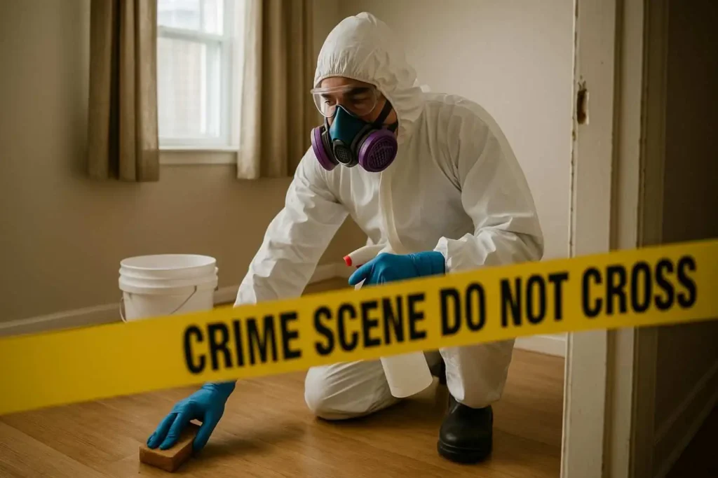 Crime scene cleanup technician in full protective gear sanitizing a hardwood floor behind yellow caution tape in Warren, MI.