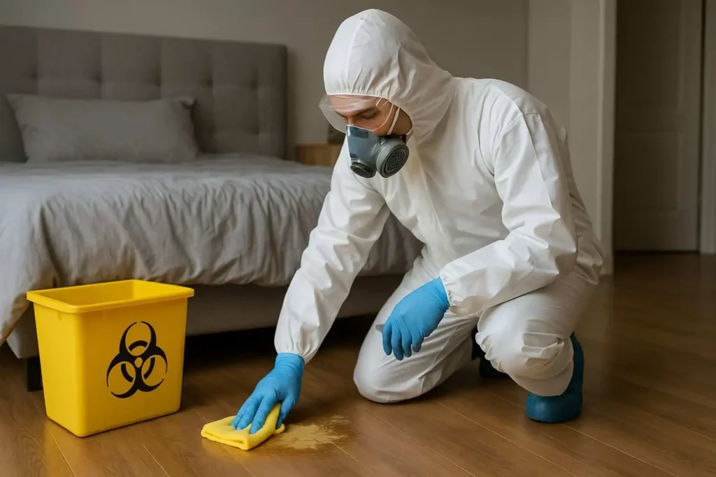Biohazard cleanup technician in protective gear sanitizing a bedroom floor in Madison Heights, MI.