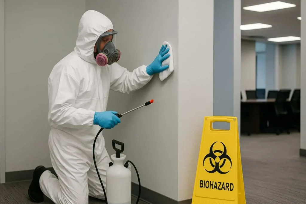 Professional biohazard technician disinfecting a healthcare hallway in Brentwood, Tennessee.