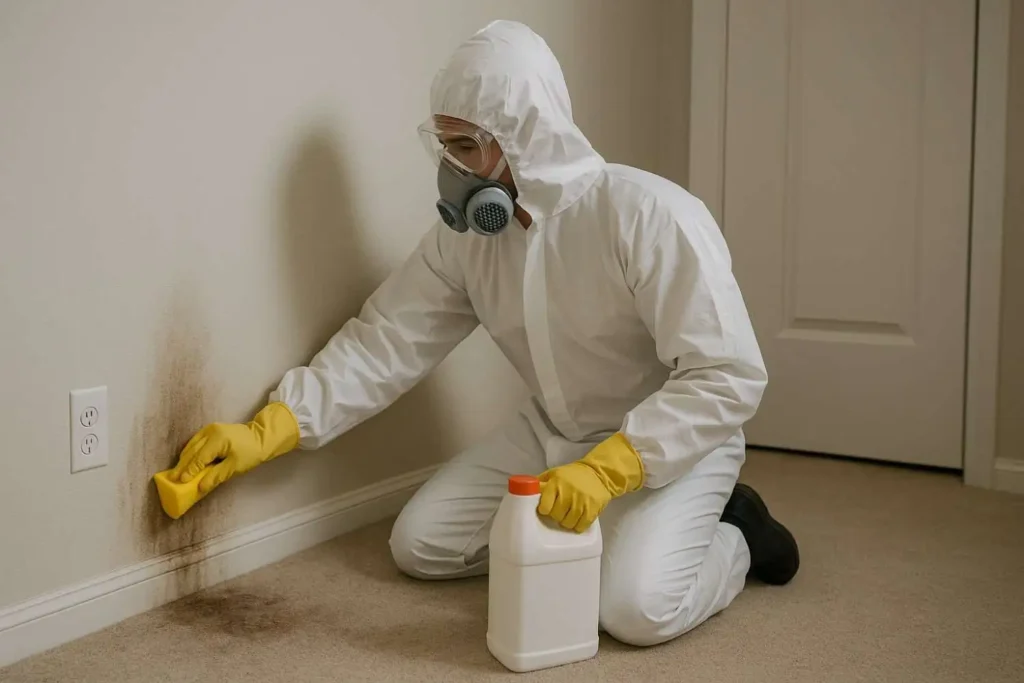 Biohazard cleanup technician scrubbing a stained wall in a residential home in Mount Pleasant, MI.