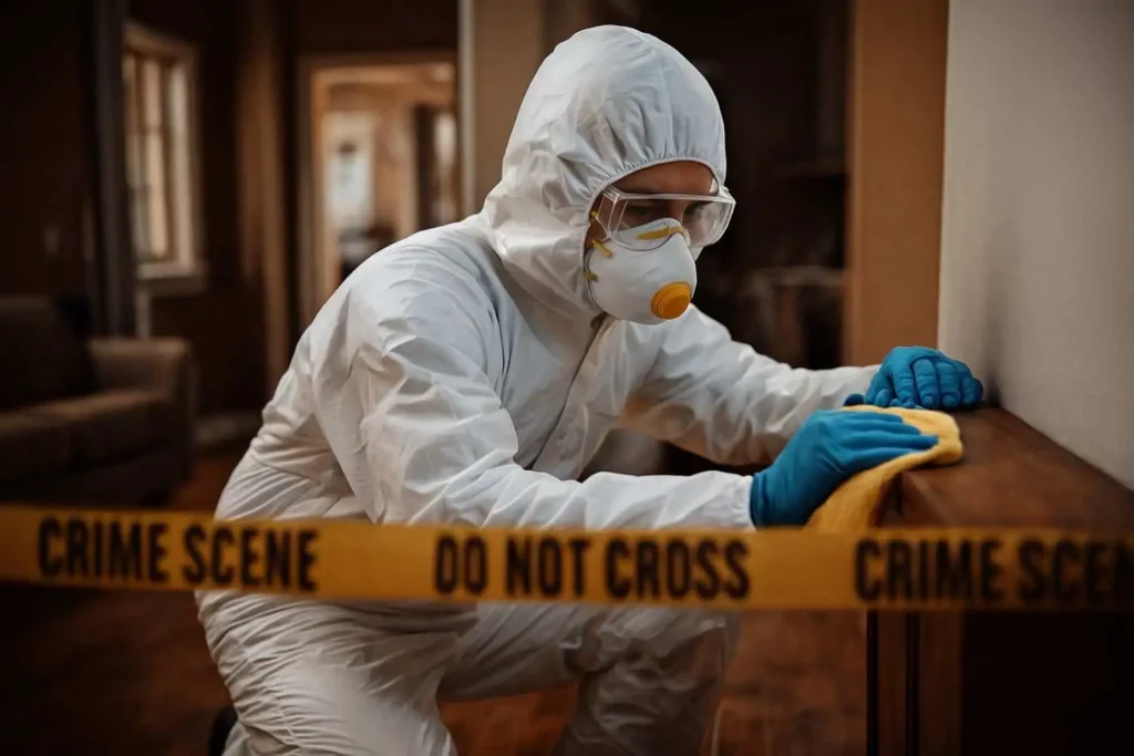 Crime scene cleanup technician sanitizing a residential surface behind police tape in Muskegon, MI.